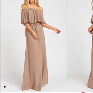Show Me Your Mumu Hacienda Maxi dress off shoulder bridesmaid in dune chiffon